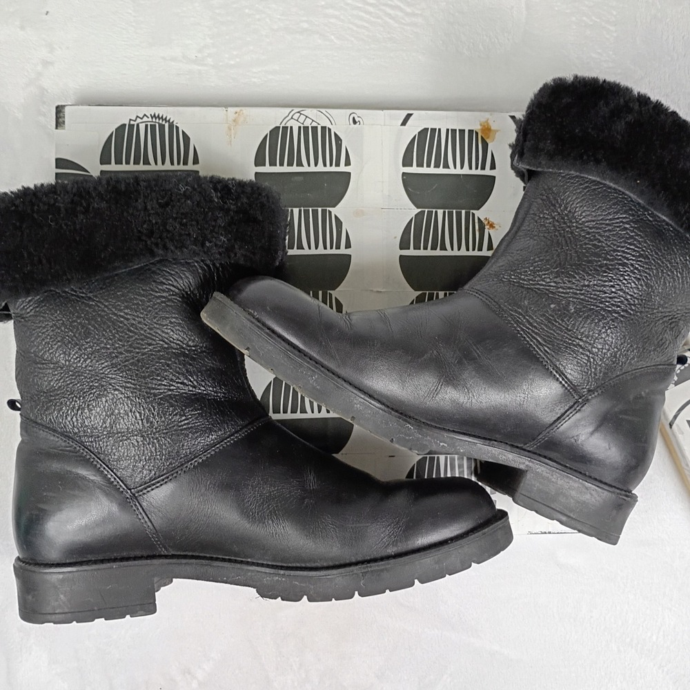 Santana Canada Black Leather Faux Fur Trim Winter Boots Lug Sole Mens 8.5